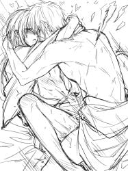 2boys anal anal_sex arms_around_neck blush cum ejaculation embrace gay gintama katsura_kotarou kimono llemonyyyy long-haired_male long_hair male male_only monochrome motion_lines sketch sweat takasugi_shinsuke yaoi
