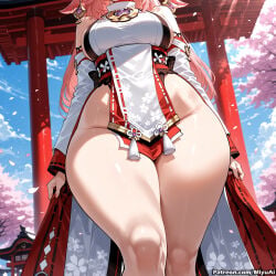 1girl ai_assisted ai_generated animal_ears blue_sky breasts cherry_blossoms china_dress chinese_clothes cloud curvaceous curvy curvy_female curvy_figure day detached_sleeves dress female from_below genshin_impact huge_breasts jewelry large_breasts long_hair looking_at_viewer miyuai no_panties oriental_umbrella petals pink_hair sky solo spring_(season) thick thick_ass thick_butt thick_hips thick_legs thick_thighs thighs torii tree umbrella voluptuous voluptuous_female wide_hips wide_thighs yae_miko