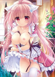 1girl ameto_yuki blush breasts cameltoe convenient_censoring frilled_skirt frills hair_ornament haru_(karenai_sekai_to_owaru_hana) highres karenai_sekai_to_owaru_hana large_breasts low_twintails maid maid_apron maid_headdress maid_outfit maid_uniform nipples no_bra nopan open_shirt pink_hair skirt skirt_lift sweet&tea thighhighs tied_hair underwear waitress