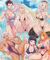 6girls anissa big_breasts bikini black_hair breasts cleavage crossover dark-skinned_female dark_skin eastern_and_western_character female female_only invincible kirigaya_suguha large_breasts lenydrawsx_(artist) long_hair miruko multiple_girls my_hero_academia nami_(one_piece) nier nier:_automata nier_(series) one-piece_swimsuit one_piece orange_hair rabbit_ears rumi_usagiyama swimsuit sword_art_online white_hair yorha_2b yorha_a2