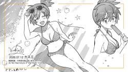1girl adjusting_eyewear arm_support asymmetrical_hair beach beach_towel bikini blush breasts cleavage eyewear_on_head floral_print food frilled_bikini frills holding kasumi_(pokemon) landscape looking_at_viewer medium_breasts misty_(pokemon) navel nintendo open_mouth pokemon ponytail popsicle sand seashell shell shore short_hair short_ponytail side_ponytail sitting smile starfish sunglasses swimsuit towel water