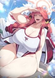 arm_at_side arm_support aru_(blue_archive) blue_archive blush gigantic_ass gigantic_breasts gigantic_thighs hand_above_head highleg highleg_swimsuit hyper one-piece_swimsuit smile teeth thick_thighs wide_hips
