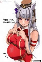 blushing gold_ship_(umamusume) hat horse_ears horse_girl lady_shin looking_at_viewer medium_breasts popped_navel umamusume umamusume_pretty_derby white_hair
