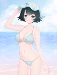 beach big_breasts bikini black_hair girl hat shiina_mayuri short_hair slim smiling solo steins;gate swimsuit vietsu
