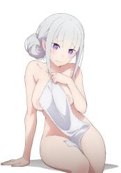 1girls areolae completely_nude_female coro_fae covering_privates elf elf_ears elf_female emilia_(re:zero) hair_bun hips_wider_than_shoulders looking_at_viewer medium_breasts purple_eyes re:zero_kara_hajimeru_isekai_seikatsu sideboob silver_hair sitting solo thick_thighs towel_only wet white_background