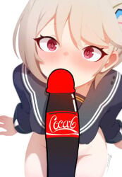 1girl aurelia_academy_school_uniform blush bottomless censored coca-cola commentary_request grey_hair heart heart-shaped_pupils highres large_penis long_sleeves maggie_(zenless_zone_zero) novelty_censor npc_(zenless_zone_zero) penis penis_awe red_eyes sailor_collar school_uniform short_hair symbol-shaped_pupils white_background zenless_zone_zero zxyx