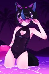 black_swimsuit chastity_cage chastity_device elf_ears femboy flat_chastity_cage heart_sunglasses in_water kemonomimi matahari multicolored_hair oc one-piece_swimsuit original_character small_penis sunglasses swimsuit swimwear wolf_ears wolf_tail zulla