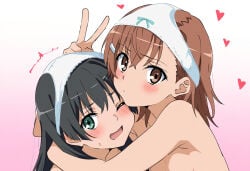 2girls black_hair brown_eyes brown_hair green_eyes misaka_mikoto panties_on_head peace_sign saten_ruiko to_aru_kagaku_no_railgun to_aru_majutsu_no_index white_panties yuri