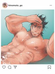 1boy abs after_ejaculation after_masturbation after_orgasm aged_up armpit_hair armpits arms_up bara beard_stubble biceps big_areola black_hair bookmark breasts brown_eyes cum cum_drip cum_on_body cum_on_breasts cum_on_hand cum_on_self cum_on_stomach cum_on_upper_body cum_splatter cum_string daddy dilf fake_screenshot favorite gay grin hand_over_head happy_trail hi_res instagram intense_orgasm long_hair looking_at_viewer looking_pleasured lying lying_on_back male male_breasts male_only manly mature_male muscles muscular muscular_arms muscular_male nihongou nihongou_(touken_ranbu) no_visible_genitalia pecs pubic_hair rough_sketch selfie selfie_pose semen sideburns six_pack smirk solo teal_background text tied_hair topless tough_guy touken_ranbu tsukasa_mat yaoi
