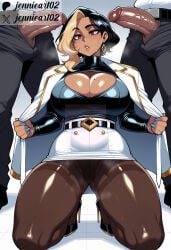 1girl 2boys ai_generated belt black_belt black_footwear black_hair black_panties black_pantyhose blonde_hair blue_nails blush breasts brown_pantyhose cleavage cleavage_cutout clothing clothing_cutout coat coat_on_shoulders dark-skinned_female dark-skinned_male dark_skin domina earrings erection female fingernails footwear group_sex hetero high_heels hoop_earrings huge_breasts huge_penis interracial jacket jacket_on_shoulders jennieart02 jewelry kneeling large_breasts large_penis long_sleeves looking_at_penis male miniskirt mmf_threesome mole mole_on_breast mole_under_eye multicolored_hair multiple_boys nail_polish office_lady open_clothes panties panties_under_pantyhose pants pantyhose parted_lips patreon patreon_logo patreon_username pencil_skirt penis penis_awe red_eyes shoes skirt solo_focus sweat testicles thick_thighs thighband_pantyhose thighs threesome twitter twitter_username two-tone_hair underwear veins veiny_penis watermark white_coat white_jacket white_skirt