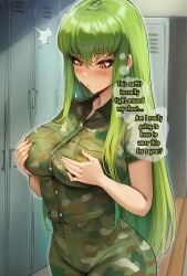 1girls ai_assisted ai_generated akyoi ass big_breasts c.c. code_geass comic doujin green_hair long_hair military_uniform patreon uniform watermark white-skinned_female yellow_eyes