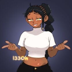 1girls amber_eyes artist_name black_hair cornrows dark-skinned_female dark_skin desscaras earrings female female_focus female_only ichi_the_witch long_hair looking_at_viewer midriff nail_polish smile smiling tagme white_shirt
