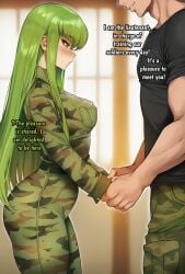 1boy 1girls ai_assisted ai_generated akyoi ass big_breasts c.c. code_geass comic doujin green_hair long_hair military_uniform muscular patreon uniform watermark white-skinned_female white-skinned_male yellow_eyes
