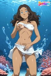 1girl ai_assisted ai_generated air_bubble ass_visible_through_thighs avatar_the_last_airbender bandeau bare_shoulders barefoot bikini blue_eyes breasts brown_hair bubble cameltoe coral covered_nipples dark-skinned_female dark_skin freediving grabbing_own_breast hair_ornament katara long_hair looking_at_viewer medium_breasts navel nickelodeon nicktoons nipples one_breast_out patreon sarong smile solo stelmazura strapless swimsuit underwater water white_bikini