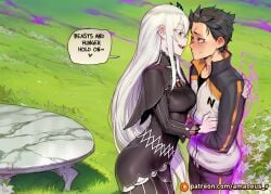 1boy 1girl ai_generated amadeus_v aura bench black_eyes black_hair echidna_(re:zero) ethereal_light eye_contact facing_another facing_each_other garden glowing looking_at_another messy_hair mole_under_eye natsuki_subaru open_mouth pale_skin re:zero_kara_hajimeru_isekai_seikatsu smile standing steady very_long_hair white_dress white_flower white_hair witch