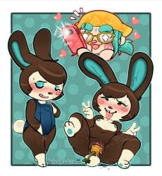 2020 2girls ahe_gao animal_crossing bandana bloody_nose blush blushing breasts brown_eyes brown_hair carmen_(animal_crossing) carrot carrot_dildo cellphone eyes_closed feet female female_only fingering_self furry glasses grabbing_own_breast green_background green_eyeshadow green_hair green_nipples hearts_around_head legs_apart legs_spread looking_pleasured masturbating masturbation nintendo nipples one-piece_swimsuit pussy pussy_juice rabbit rabbit_ears rabbit_girl ryunwoofie short_hair small_breasts star_eyes swimsuit taking_picture thick_thighs thighs tongue tongue_out villager_(animal_crossing) white_background white_border