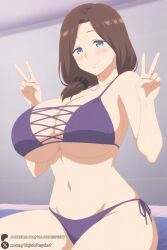 1female 1girl 1girls 2026 ai-chan's_mother_(tawawa) ai_generated artist_name bangs bare_shoulders big_ass big_breasts bikini blue_eyes blush breasts brown_hair cleavage closed_mouth collarbone cross-laced_clothes curvy double_v getsuyoubi_no_tawawa hair_over_shoulder hi_res high_quality high_resolution highres huge_ass huge_breasts large_breasts long_hair looking_at_viewer mature_female navel parted_bangs patreon patreon_username purple_bikini scrunchie side-tie_bikini_bottom sitting smile solo swimsuit thighs unjobdespiert v watermark