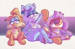 3girls adult anthro anus ass baarbee_(bubsy) bottomless braces breasts bubsy_(series) buckteeth canine cub domestic_cat domestic_dog feline female female_only furry hi_res looking_at_viewer nipples nude oblivia_(bubsy) onihidden pussy small_breasts teeth young