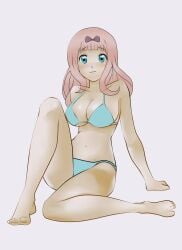 1girls arm_support barefoot big_breasts bikini blue_bikini blue_eyes breasts busty cleavage feet female female_only fujiwara_chika highres kaguya-sama_wa_kokurasetai_~tensai-tachi_no_renai_zunousen~ large_breasts legs long_hair looking_at_viewer navel pink_hair sideboob sitting solo swimsuit thighs voluptuous
