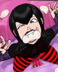 1girls aheagao ai_assisted big_breasts big_thighs biting_condom black_clothing blue_eyes condom condom_balloon condom_in_mouth crazy crazy_eyes crazy_female fangs female hotel_transylvania mavis_dracula mouth_full_of_cum red_and_black_clothing short_hair sitting thick_thighs vampire vampire_girl