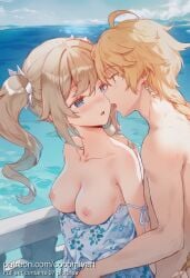 1boy 1girl 2026 aether_(genshin_impact) after_kiss ahoge ai_generated barbara_(genshin_impact) bare_shoulders blonde_hair blue_eyes blue_sky blush braid braided_ponytail breasts clothed_female_nude_male clothes_pull cocomiyart collarbone day dress dress_pull drill_hair earrings eye_contact floral_print genshin_impact hetero highres jewelry long_hair looking_at_another medium_breasts nipples nsfw ocean open_mouth outdoors pier railing saliva saliva_trail single_braid sky strap_slip tongue tongue_out twin_drills twintails uncensored water yellow_eyes