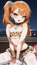 1girls ai_generated arm_support bare_shoulders bed bedroom big_eyes blush bracelet bracelets city collar commentary_request cute earrings eyebrows eyelashes eyeliner female female_focus flat_chest flat_chested frilled_skirt frills ginger ginger_hair girly green_eyes hair hairband indoors leopard_print lia_the_busty_redhead long_hair looking_at_viewer makeup midriff miniskirt navel necklace night orange_hair original original_character petite petite_body petite_female pillow seductive seductive_eyes seductive_look seductive_smile self_upload side_ponytail sitting small_breasts smile smile_at_viewer strapless tagme thighhighs thighs tubetop white_thighhighs