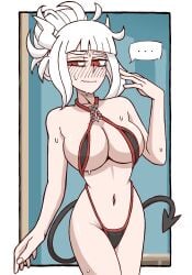 1girls blush demon_girl demon_horns embarrassed embarrassed_female helltaker lucifer_(helltaker) red_eyes sling_bikini white_hair yorunogara