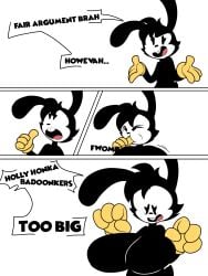 black_body black_eyes breast_expansion breasts_bigger_than_head cartoony dialogue english_text fair_argument_but... massive_breasts oc original_character rabbit_ears rabbit_girl self_upload semi_nude surprised_expression wabbix_toons yellow_gloves