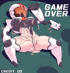1girls areolae_visible_through_clothing belly_button_visible_through_clothing big_nipples bodysuit breasts cleavage closed_eyes cum cum_in_pussy cum_inside female game_over gameplay_mechanics gloves gun highleg highleg_leotard highres jacket large_breasts leotard minami_aomori nipples_visible_through_clothing no_panties original phantasy_star phantasy_star_online_2 sci-fi_gun skin_tight skin_tight_suit skindentation small_eyebrows solo space_helmet spacesuit text thick_thighs thighhighs thighs tummy