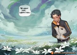 1boy absurdres ai_generated amadeus_v black_eyes black_hair color comic confused cowboy_shot ethereal_light flower_field garden hi_res highres indoors looking_around messy_hair natsuki_subaru open_mouth particles re:zero_kara_hajimeru_isekai_seikatsu sky solo standing uncensored white_flower