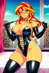 1girls ai_generated bdsm big_breasts black_gloves black_leotard breasts cleavage cross-laced_clothes dominatrix equestria_girls female female_only friendship_is_magic gloves hasbro hips indoors large_breasts latex latex_clothing latex_gloves latex_leotard leotard looking_at_viewer my_little_pony nai_diffusion novelai opera_gloves seductive solo solo_female stable_diffusion sunset_shimmer thick_thighs thighs whip wide_hips
