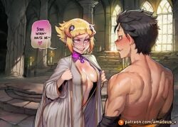 1boy 1girl ai_generated altar amadeus_v black_eyes black_hair blonde_hair blush candlelight capella_emerada_lugunica cathedral curvy dragon_horns facing_another grin large_breasts looking_at_another messy_hair natsuki_subaru open_mouth re:zero_kara_hajimeru_isekai_seikatsu robe shirtless short_hair stained_glass standing undressing witch yellow_eyes