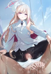 1boy 1girl absurdres after_ejaculation after_sex aiguillette bar_censor beret black_pantyhose blonde_hair blonde_student_council_president_(blue_archive) blue_archive blush breasts censored commentary_request cum cum_bubble cum_in_pussy cumdrip epaulettes halo hands_on_another's_knees hat heart highres indoors long_hair looking_at_viewer medal multicolored_hair multicolored_halo nironiro open_mouth pantyhose penis pink_halo pink_streaks purple_eyes reverse_squatting_cowgirl_position sex shirt shoulder_strap single_epaulette small_breasts squatting straddling streaked_hair testicles torn_clothes torn_pantyhose two-tone_halo variant_set watch white_hat white_shirt yellow_halo