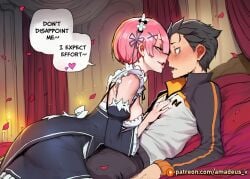 1boy 1girl ai_generated amadeus_v bed black_eyes black_hair blush candlelight dress eye_contact facing_another facing_each_other from_side hair_over_one_eye hand_on_another's_chest leaning leaning_forward looking_at_another medium_breasts messy_hair natsuki_subaru open_mouth pink_hair ram_(re:zero) re:zero_kara_hajimeru_isekai_seikatsu red_drapes red_eyes rose rose_petals short_hair slim smile warm_lighting witch
