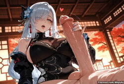 1boy 1girl ai_assisted ai_generated bangs bare_shoulders blue_eyes blush breasts cleavage curvaceous curvy curvy_female curvy_figure detached_sleeves earrings erection female floral_print genshin_impact hair_ornament hair_over_one_eye handjob heart heart-shaped_pupils hetero huge_penis indoors jewelry large_breasts large_penis licking long_hair looking_at_viewer miyuai open_mouth penis saliva shenhe_(genshin_impact) silver_hair sitting sliding_doors symbol-shaped_pupils tassel testicles thick thick_ass thick_butt thick_hips thick_legs thick_thighs tongue tongue_out uncensored veins veiny_penis voluptuous voluptuous_female wide_hips wide_thighs window