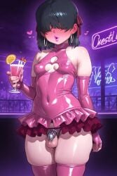 1boy ai_generated black_hair blushing cerberuspup77926 chastity_cage cocktail_glass crotchless_panties drink exhibitionism femboy feminine_male form_fitting hair_over_eyes hair_ribbon hearts_around_head hoop_earrings latex_clothing nightclub pink_clothing pink_lipstick precum_drip short_skirt skindentation small_breasts solo_femboy solo_focus thick_thighs thighhighs