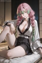 1girl ai_generated belt black_skirt braid breasts cleavage coat gradient_hair green_hair haori hi_res high_quality high_resolution japanese_clothes kanroji_mitsuri kimetsu_no_yaiba large_breasts long_hair long_sleeves looking_at_viewer miniskirt mole mole_under_eye multicolored_hair patreon pink_hair pleated_skirt seductive sexy sitting skirt solo sword thighs uncensored uniform watermark weapon