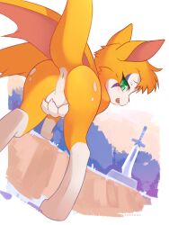 1boy ancesra animal_ears animal_feet animal_hands arm_support artist_collaboration artist_name ass ass_focus bent_over body_fur border bush dust:_an_elysian_tail facial_mark fang fidget_(dust:_an_elysian_tail) from_behind furry furry_male genderswap genderswap_(ftm) green_eyes happy highres looking_at_viewer looking_back male_focus non-web_source open_mouth orange_fur orange_hair outdoors outside_border perineum planted planted_sword second-party_edit short_hair smile snout solo sword tail tail_raised testicles two-tone_fur warden006 watermark weapon white_border white_fur wings