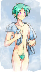 1cuntboy aqua_hair aqua_pubic_hair artist_request bottomless color cuntboy flat_chest green_hair hair human intersex intersex_only light-skinned_cuntboy nude pink_eyes pubic_hair short_hair solo standing topless towel uncensored