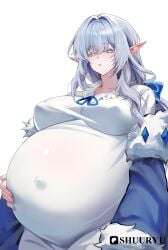 1girls big_breasts elf genshin_impact nipples_visible_through_clothing pregnant pregnant_female silver_hair solo tagme tsaritsa_(genshin_impact)