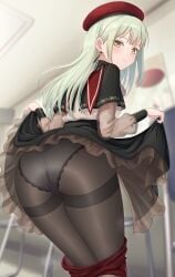 1girl ascot ass bang_dream! bang_dream!_it's_mygo!!!!! beret black_capelet black_pantyhose blunt_bangs blurry blurry_background blush capelet closed_mouth clothes_lift clothes_pull commentary_request frilled_skirt frills from_behind from_below green_hair hat highres indoors kamuchin_soda light_frown long_hair long_sleeves looking_at_viewer looking_back overskirt paid_reward_available panties pantyhose red_hat red_shorts see-through_clothes see-through_sleeves shirt shirt_tucked_in shorts shorts_pull sidelocks skirt skirt_lift solo steaming_body trefoil underwear wakaba_mutsumi white_ascot white_panties white_shirt yellow_eyes