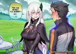 1boy 1girl ai_generated amadeus_v bench black_eyes black_hair curious echidna_(re:zero) ethereal_light eye_contact facing_another facing_each_other garden glowing looking_at_another messy_hair mole_under_eye natsuki_subaru open_mouth pale_skin re:zero_kara_hajimeru_isekai_seikatsu smile standing very_long_hair white_dress white_flower white_hair witch