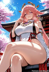 1girl ai_assisted ai_generated animal_ears bangs bare_shoulders blue_sky blush breasts cherry_blossoms china_dress chinese_clothes crossed_legs curvaceous curvy curvy_female curvy_figure day dress eyebrows_visible_through_hair female from_below genshin_impact hair_between_eyes large_breasts long_hair looking_at_viewer miyuai pink_hair purple_eyes sitting sky smile solo sun thick thick_ass thick_butt thick_hips thick_legs thick_thighs thighs tree voluptuous voluptuous_female wide_hips wide_sleeves wide_thighs yae_miko yae_sakura