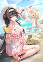 beach black_hair blonde blonde-haired_female blonde_female blonde_hair chisa_(wuthering_waves) female long_hair lynae_(wuthering_waves) medium_breasts official_alternate_costume pink_swimsuit purple_eyes red_eyes see-through_clothing see-through_swimsuit sitting swimsuit wuthering_waves