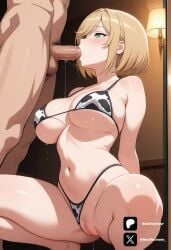 1boy 1female 1girl ai_generated animal_print ashley_graham below_view big_breasts bikini bikini_bottom_aside blonde_hair blush breasts censored clothed_female_nude_male clothing clothing_aside colored cow_print cow_print_bikini fellatio female from_below from_front from_side front_view green_eyes hetero highleg_bikini lamp large_breasts light-skinned_female light_skin low-angle_view male_pubic_hair micro_bikini mosaic_censoring navel novathecreator oral penis print_bikini pubic_hair pussy pussy_juice resident_evil saliva sexy sexy_body sexy_pose short_hair side_view solo_focus spread_legs squat squatting stomach swimsuit testicles thighs tits uncensored underboob vagina visible_pussy visible_vagina vulva