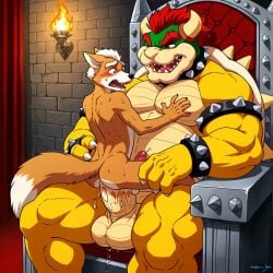 2boys ai_generated anal anal_sex anthro anthro_on_anthro ass balls big_balls big_penis bowser bracelet claws collar crossover duo erection fox fox_mccloud fur furry furry_male furry_only gay gay_sex genitals hands_on_legs horns interspecies king koopa large_balls large_penis larger_male looking_at_another male male/male male_only mammal mario_(series) mature mature_male muscles muscular muscular_male nintendo nude open_mouth orange_fur penis penis_in_anus red_hair reptile royalty scalie sex sitting sitting_on_throne size_difference smaller_male star_fox tail teeth testicles yaoi yellow_skin