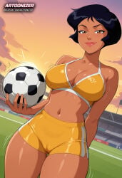 1girls ai_generated alex_(totally_spies) artoonizer ass big_ass big_breast bikini bikini_top black-haired_female black_hair blush breasts brown-skinned_female brown_eyes brown_skin cameltoe cartoon female female_only football football_ball football_field football_player football_uniform holding_object legs_together looking_at_viewer narrow_waist navel outdoors patreon patreon_username posing pussy short_hair shorts smile smirk solo solo_female solo_focus sports_bikini sports_shorts sportswear standing stomach swimsuit thick_thighs toned_female totally_spies viewed_from_below wide_hips