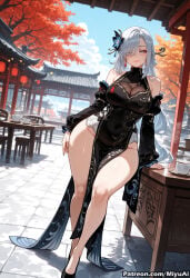 1girl ai_assisted ai_generated architecture bangs bare_shoulders black_dress blue_eyes breasts china_dress chinese_clothes cleavage cleavage_cutout covered_navel curvaceous curvy curvy_female curvy_figure detached_sleeves dress east_asian_architecture female genshin_impact hair_flower hair_ornament hair_over_one_eye large_breasts long_hair looking_at_viewer miyuai no_panties pelvic_curtain shenhe_(genshin_impact) silver_hair smile solo thick thick_ass thick_butt thick_hips thick_legs thick_thighs thighs very_long_hair voluptuous voluptuous_female wide_hips wide_thighs