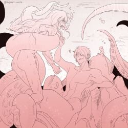2boys alternate_species blush completely_nude ear_fins gay gintama grin hair_over_one_eye katsura_kotarou long-haired_male long_hair male male_only marine_humanoid merfolk monochrome nude nude_male octopus_humanoid pink_theme smile takasugi_shinsuke tentacle tentacle_grab tentacle_on_male underwater yaoi