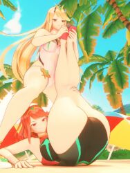 2girls 3d animated ass black_maria_(one_piece) blonde_hair blue_sky bouncing_ass bouncing_breasts breasts large_breasts legs_up long_hair looking_at_viewer multicolored_one-piece_swimsuit multiple_girls mythra_(radiant_beach)_(xenoblade) mythra_(xenoblade) official_alternate_costume one-piece_swimsuit palm_tree pyra_(pro_swimmer)_(xenoblade) pyra_(xenoblade) red_hair red_one-piece_swimsuit sky swimsuit tagme thighs tiara tree umbrella video white_one-piece_swimsuit xenoblade_chronicles_(series) xenoblade_chronicles_2